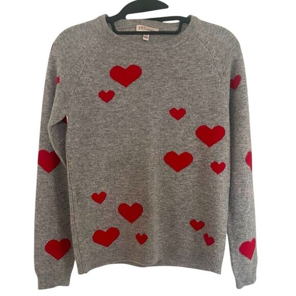 Philosophy 100% Cashmere Gray With Red Hearts Ling Sleeve Crew Neck Sweater Sz X - Picture 1 of 5